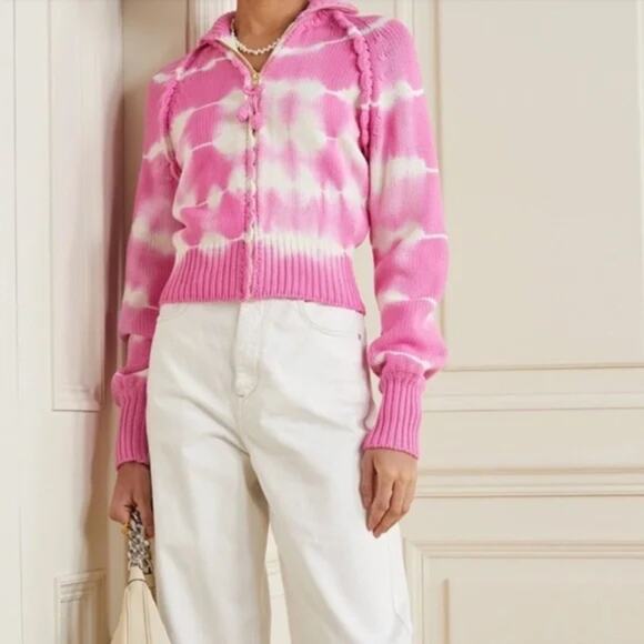 LoveShackFancy Florrie Jacket NEW Pink Hibiscus Pink White Zip-Up Knit NWT XS